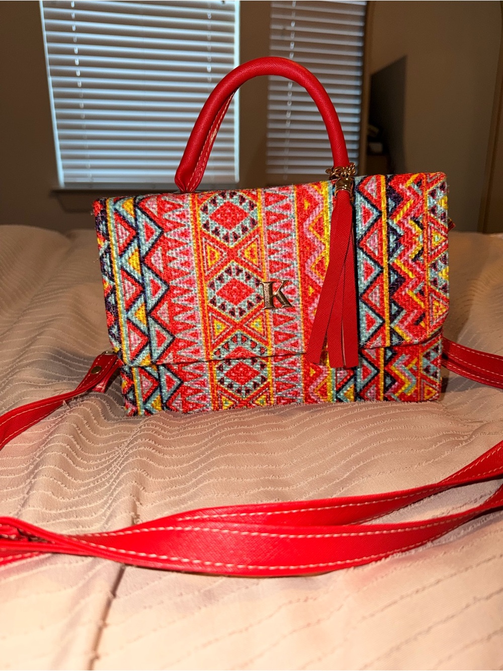 Red Patterned Handbag with Tassel